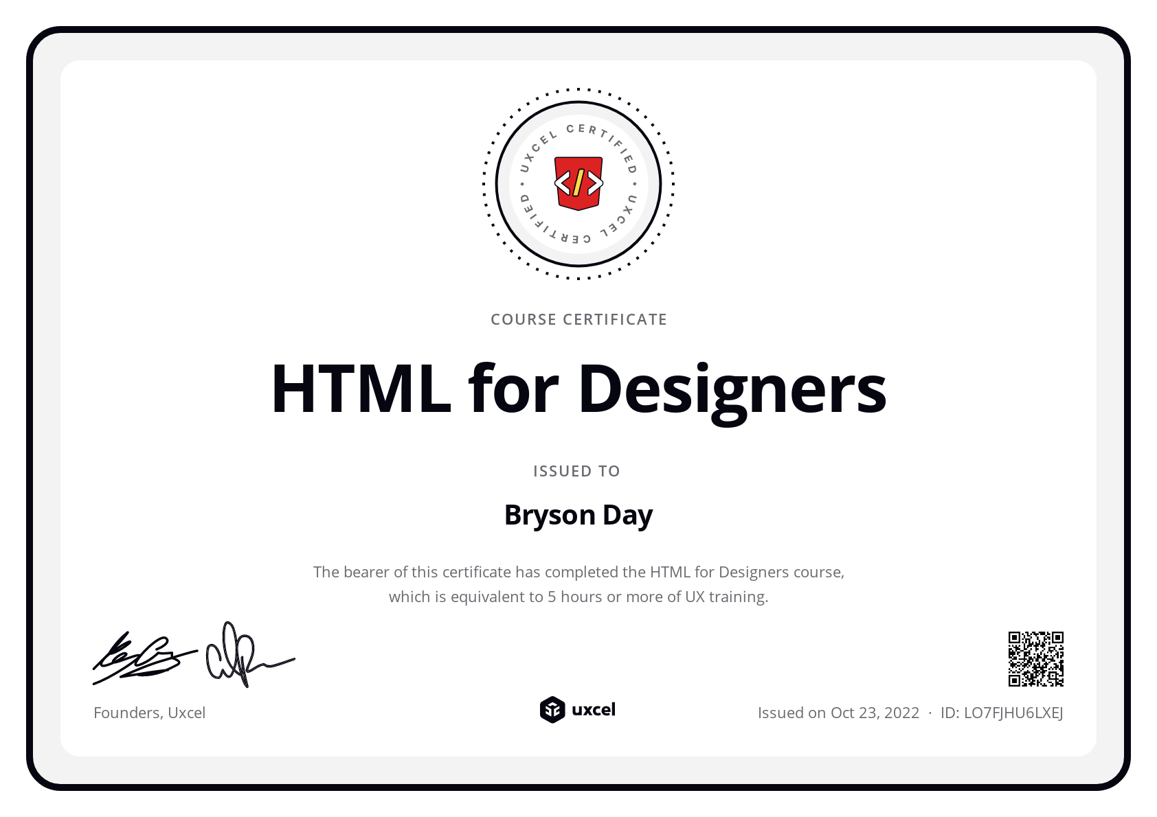 Bryson Day's certificate